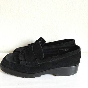 Urban Works Black Suede Loafer Shoes Fringe Leather Chunky Sole Womens 8.5M